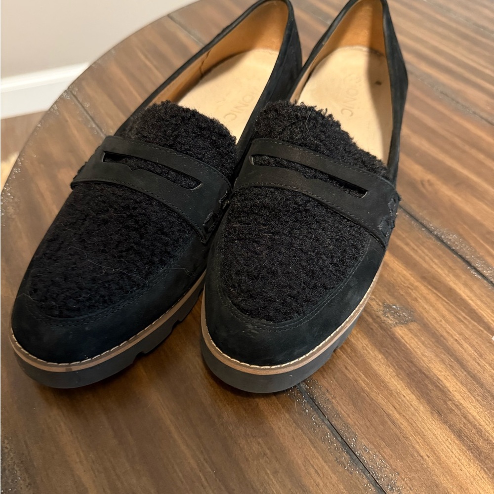 Black Vionic Suede Slip-On Loafers with Perforated Design